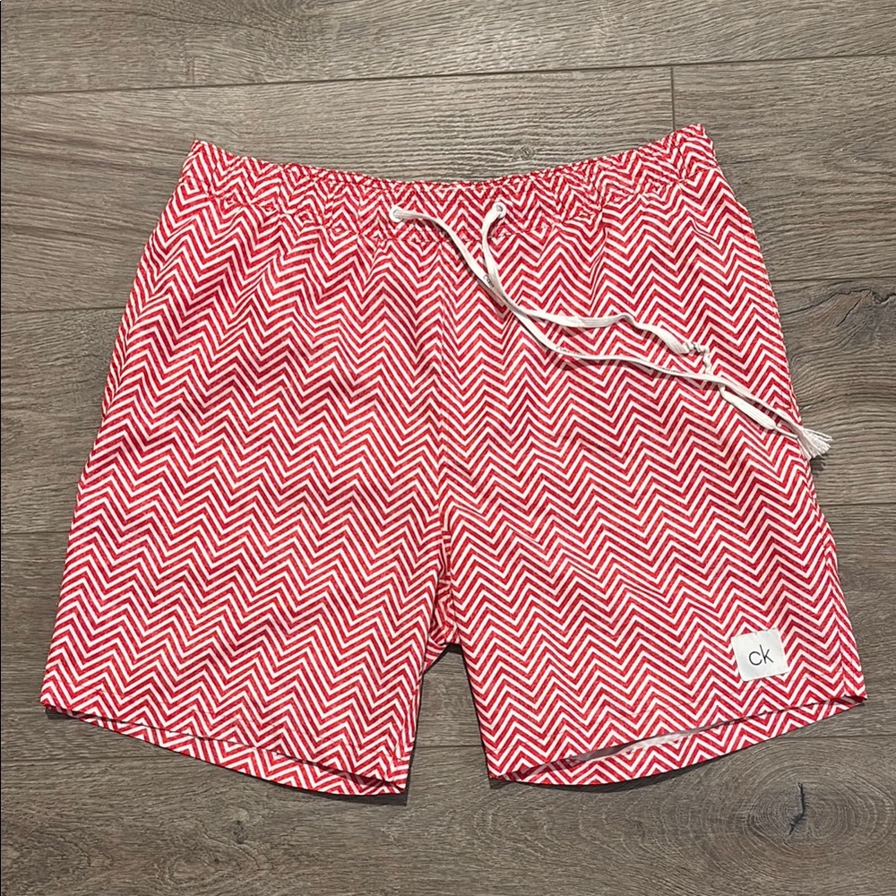 Calvin Klein Red Swim Trunks with Geometric Pattern